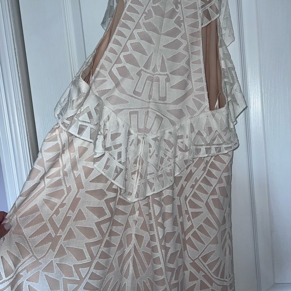 BCBG size L, worn once, white/nude dress,eyelet, mesh, a-line/trapeze midi dress - Picture 8 of 9